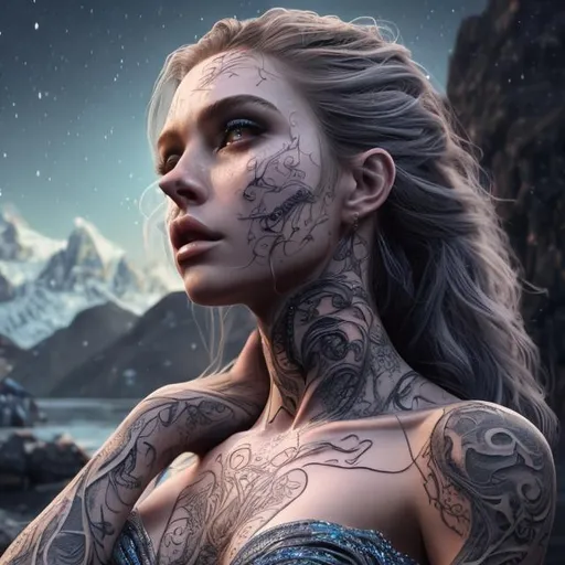 Prompt: ((Hyper realistic/cinematic/masterpiece/8K/UHD/Extremely detailed haute couture)) 
Woman, goddess, upperbody shot, riverside, mountains, night, moonlight, 3D illustrator, detailed body, detailed face, tattooed body, wavy hair, gorgeous.