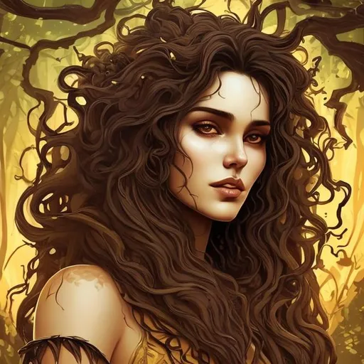 Prompt: beautiful wild woman with dark mid length shaggy wavy hair and yellow-eyes with sharp features in woods in a art style