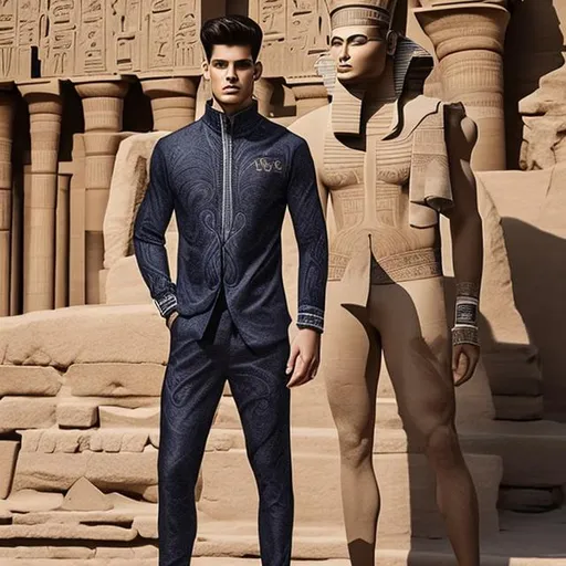 Prompt: A winter men's sports suit with a modern design and inspired by the inscriptions and drawings of the ancient Egyptian civilization, which blends elegance with tradition and history in fashion