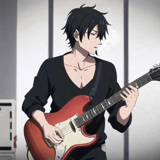 Prompt: anime guy smoking while play a guitar