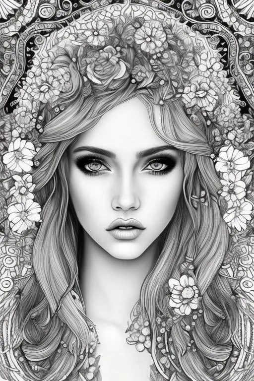 Prompt: coloring page , black and white of detailed beautiftul girl, with flowers,  clear facial features, symmetrical ,long blonde wild hair with pearls,  fantasy, smooth lines, beautfiful , dreamy, details, black and white, simple, 