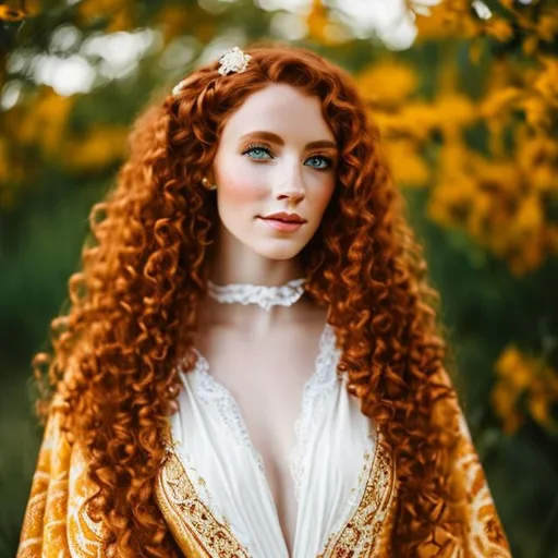 Cottagecore scotland lass red long curly hair, yello... | OpenArt