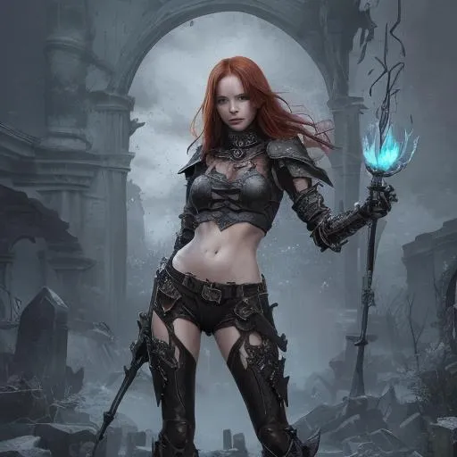 Prompt: splash art, hyper detailed perfect face, full body, ultra realistic hyper detailed, dark cemetery crypt,

beautiful, fantasy redhead, full body, long legs, perfect body, pale skin, visible midriff, ultimate Fantasy, Skeletal, ghost, dark knight,

wearing ultra detailed class armor, heavy iron steampunk collar, staff wielder, casting magic fire balls,

high-resolution perfectly detailed feminine face, perfect proportions, ample cleavage, intricate hyper detailed hair, light makeup, demonic red eyes,

Dark, ethereal, elegant, exquisite, graceful, delicate, intricate, hopeful, glamorous,

HDR, UHD, high res, 64k, cinematic lighting, special effects, hd octane render, professional photograph, studio lighting, trending on artstation, perfect studio lighting, perfect shading.