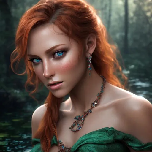 Prompt: HD 4k 3D professional modeling photo hyper realistic beautiful enchanting woman orphan copper hair fair skin blue eyes gorgeous face green dress pirate cave with treasure louisiana swamp diamonds and gems magical landscape hd background ethereal mystical mysterious beauty 