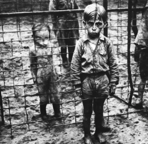 Prompt: Child in a nazi concentration camp, 1940
