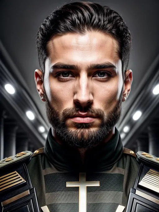 Prompt: Create the Republic of Abkhazia as a very beautiful, anatomically correct, Man of Western Caucasus people type: eyes {detailed human iris, lens, pupils, orbits and eyeballs}, perfect body, clean face, nose, head and limbs, wearing military style, fantastic background, UHD, Octane HDR, 256K.