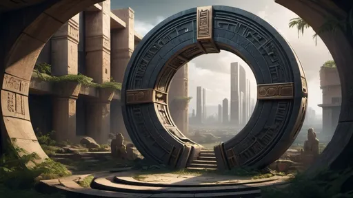 Prompt: magical portal between cities realms worlds kingdoms, circular portal, ring standing on edge, upright ring, freestanding ring, hieroglyphs on ring, complete ring, ancient babylonian architecture, gardens, ruins, turned sideways view, futuristic cyberpunk tech-noir setting