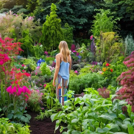 Prompt: A person surrounded by a beautiful garden they have cultivated themselves, symbolizing their personal growth and self-nurturing.