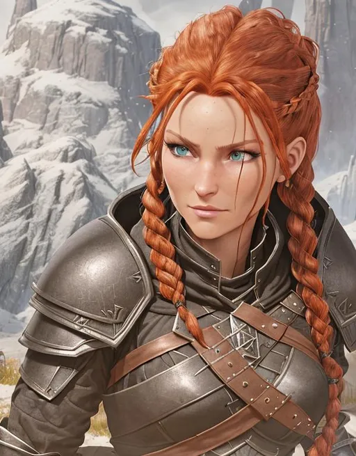 Prompt: Digital art, black rogue gear, black adventurer armor, Medium build, slightly broad-shouldered, (((DreamShaper Version 1))), Berk of How to Train Your Dragon, viking woman, small smile, red hair, cornrow braids, blue eyes, ((black gear, black armor,)) unreal engine, 8k octane, 3d lighting, full body, full armor