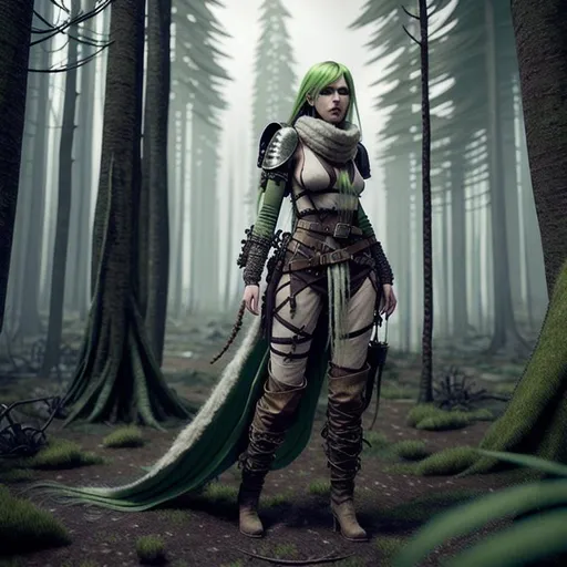Prompt: nomad , female wanderer, fantasy, intricate, elegant, long green hair, highly detailed, multilayered outfit, belts and pouches, wool scarf, leather, wide hips, artstation, octane render, concept art, matte, sharp focus, illustration,  post apocalyptic forest wasteland, d&d, 