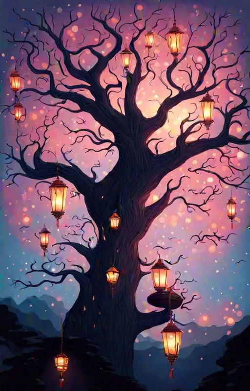 Prompt: A single Tree with Lanterns design illustration, surrounded by fog