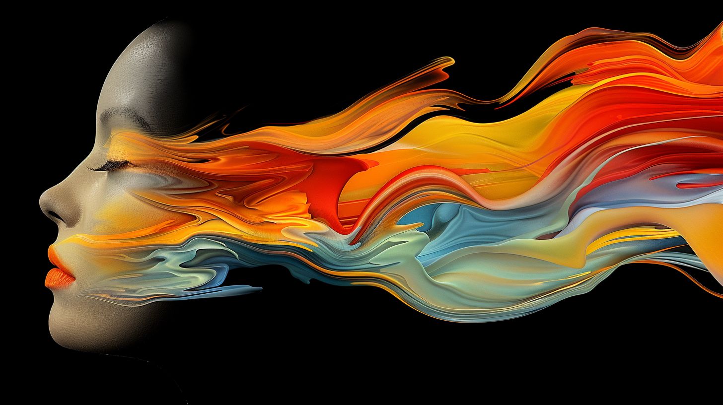 Prompt: 3d digital artwork of a woman's head, incorporating bold swirling colors and intense split toning. The style is an imaginative hyper-realistic acrylic painting, with exaggerated flowing lines and surreal character details. The mindscapes are now vibrant and fantastical, creating a dream-like environment, finished with a matte texture.