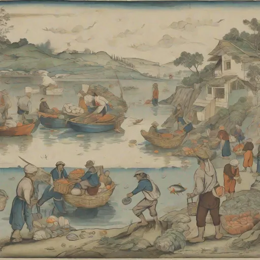 Prompt: scene with fishermen on one side with fresh fish and farmers with baskets of vegetables on the other side