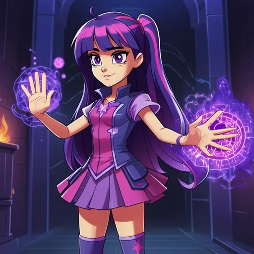 Prompt: Cyberpunk Equestria girls twilight sparkle with purple skin casting a spell