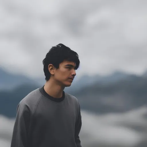 Prompt: sharp focus, photo of an  male in grey sweatshirt , black hair, highly detailed brown eyes, slightly facing back while moving forward, mountains and clouds as background in blur,
