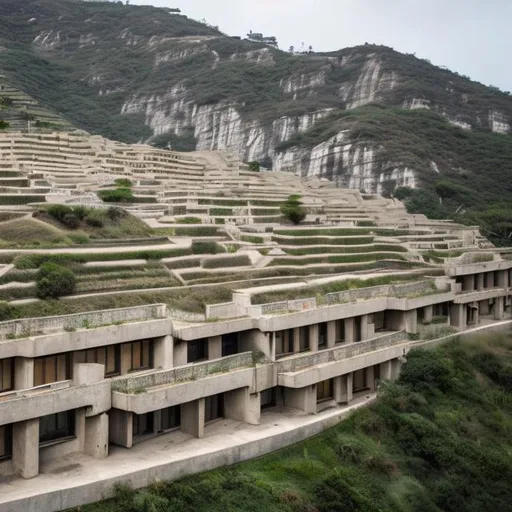 Prompt: a building with terraces on the side of a mountain, brutalist architecture