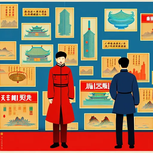 Prompt: Chinese propaganda poster of someone standing in front of some graphs and charts, highly detailed, cinematic lighting, retro-futuristic, vivid colors, Kodachrome