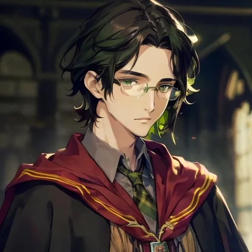 Prompt: Kind, compassionate, tall, thin young man, dark hair, glasses, messy and unkempt hair, bright green eyes, average looking, Gryffindor tenue 