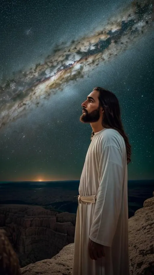 Prompt: Jesus looking at the earth from a higher place in the space, ultra-wide camera, stars, masterpiece, very beautiful, high resolution, detailed, dreamy atmosphere