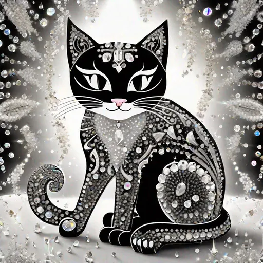 Prompt: gorgeous black and white happy cat, surrounded by intricate array of shimmering micro-scale crystals, crystals connected by fine luminescent tendrils, crystals constantly vibrate and shift colors, crystals reflecting vivid spectrums of energy