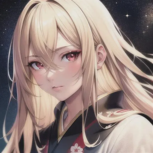 Prompt: (masterpiece, illustration, best quality:1.2), 1girl, blonde hair, hair between eyes, red eyes, Japanese theme, soft, mean face, best quality face, best quality, best quality skin, best quality eyes, best quality lips, ultra-detailed eyes, ultra-detailed hair, ultra-detailed, illustration, colorful, night, space, soft glow, profile picture