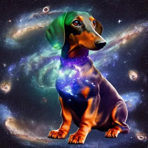 Prompt: mystical space Dachshund made of stars howling while sitting on the milky way with a visual over side of Earth