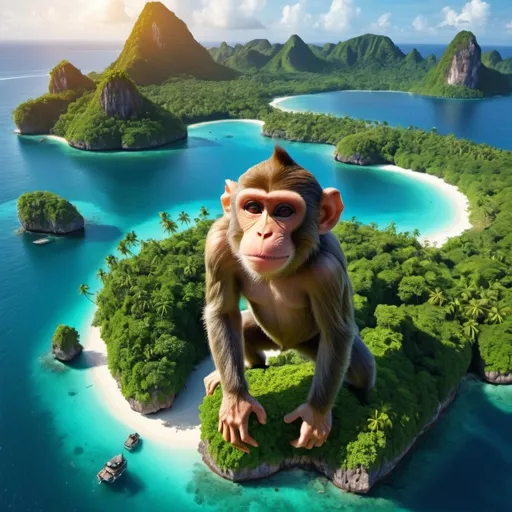 Prompt: monkey shape island, look like the monkey,near the equator, tropical paradise, lush vegetation, clear turquoise waters, dramatic color contrasts, vibrant tropical flora, serene atmosphere, dense jungle canopy, sandy beaches, exotic wildlife, sunlit landscape, breathtaking vistas, photorealistic, high depth cinematic colors, high dynamic range, sunset lighting, ultra-detailed, 4K quality, intricate details, travel destination, vivid and immersive scenery

To see the island on the map