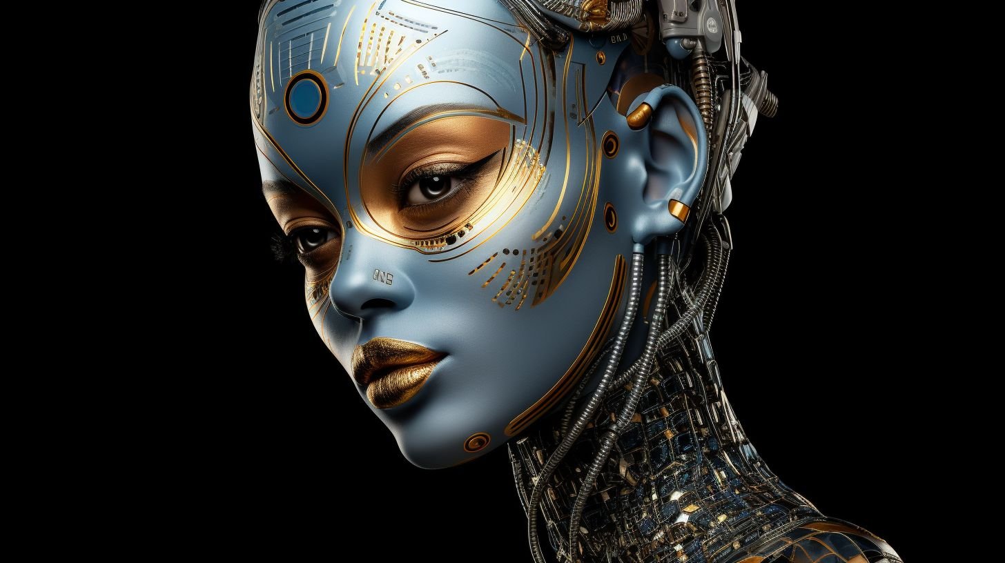 Prompt: a woman is wearing a futuristic costume, in the style of highly detailed realism, android jones, traditional african art, dark silver and light black, robotics kids, intense gaze, vibrant colorism