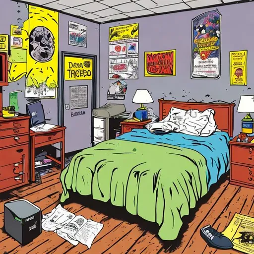 Prompt: A teenage boy from the 1990s realistic cartoon bedroom. The walls are dingy yellow and covered in lord of the ring posters. A bare light bulb is on the ceiling. The bed is not made. Dirty laundry is on the floor. There is a desk with a 1990s computer monitor on it. There is a closet door that looks abused. There is no one in the room.