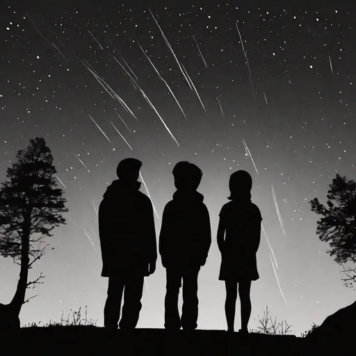 Prompt: watching the meteor shower on the hilltop with you in the style of a silhouette 