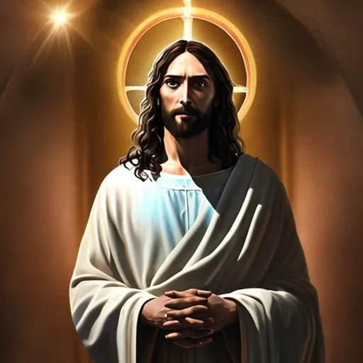 Prompt: Jesus standing with all glory and power, light within darkness, photorealistic