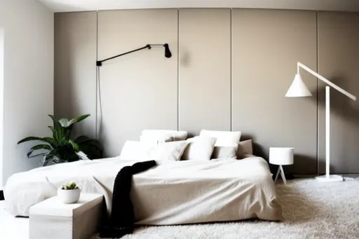 Prompt: Concrete minimalistic room with beige And white elements.