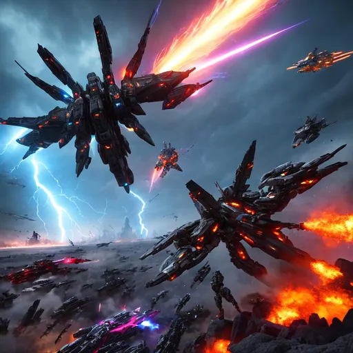 Prompt: futuristic battlefield scene, overlords, landscape, photo realistic, sci fi, color spectrum, hyper detailed, epic, mecha in battle, good vs evil, soldiers fight and die, the sky is on fire , lightning flashes, tanks launch flaming missiles into the air, futuristic plane in sky,  Landscape, Hyperrealistic, 8k