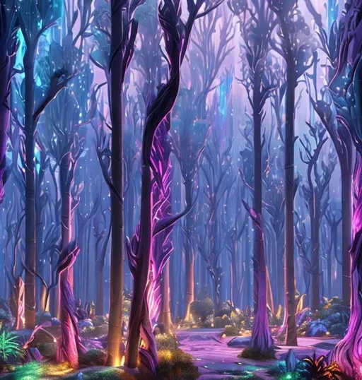 Prompt: Fantasy forest, colorful lights, landscape, fantasy creatures. Beautiful fantasy environment. So many trees with pastel glows. More bark visible