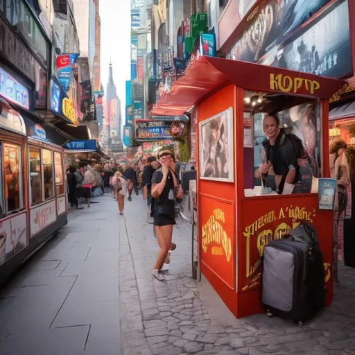 Prompt: A small booth on the steet for taking pictures with famous location's background, in the name of "GO2TRip".