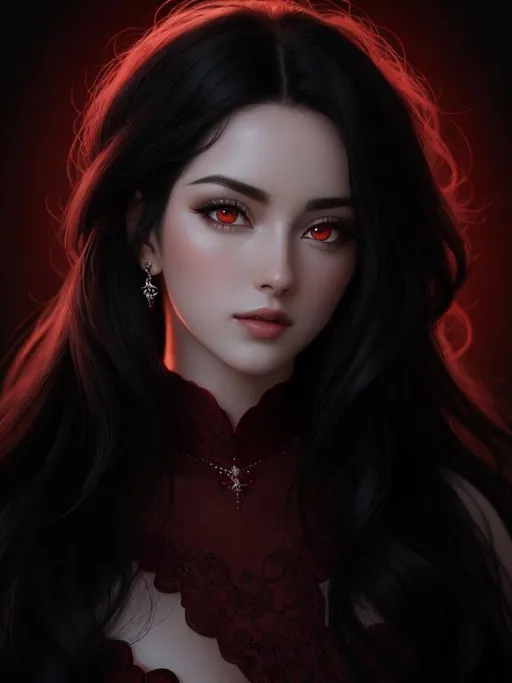 Prompt: A hyper realistic detailed image of a ((sexy woman)) with ((a pale skin skin)) (((black hair))) ((red eyes)) with ((sexy white outfit)), with a plunging neckline, balayage wild hair, highly detailed, digital painting, Trending on Deviantart, HD quality, ((by JuneJenssen)), ((very huge breast)),