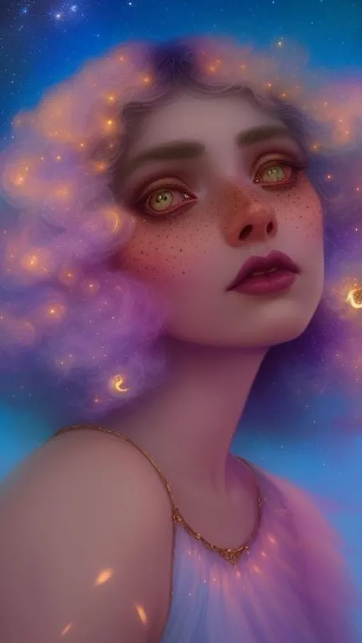 Prompt: A very beautiful woman with hair made of glowing clouds illuminated by shooting stars, and freckles made of stars, makeup made of stardust,  art by Tom Bagshaw, Greg Rutkowski, caia Koopman, catrin Welz-Stein, Josephine Wall, WLOP, by artgerm, art by Laura Hollingsworth, Andrew Atroshenko, 4k, pretty visuals, aesthetic, artstation, unreal engine, shadow effect, insanely detailed and intricate, highly detailed, sparkles, iridescent effect to the white clouds.