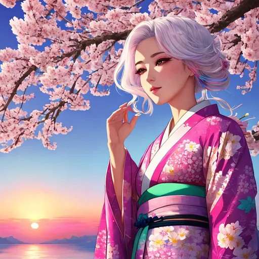 Prompt: draw me a beautiful girl wearing a floral kimono looking off at the sunrise. vaporwave aesthetic, white hair, colorful, sakura flowers, high resolution background,