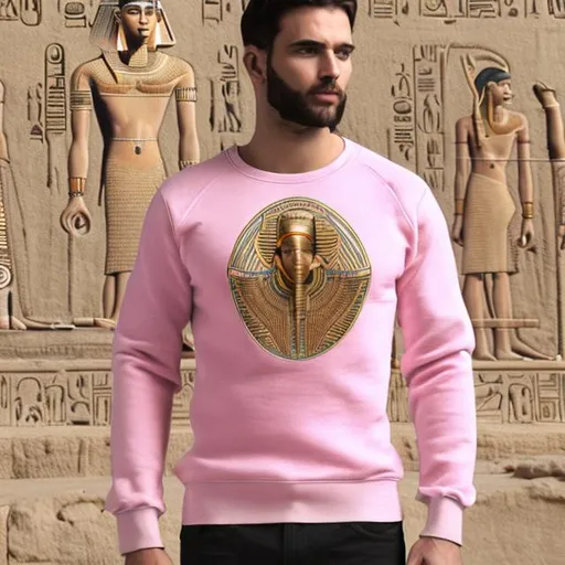 Prompt: Men's winter pink wool sweatshirt inspired by the ancient Pharaonic civilization and written on it in golden color in the ancient Egyptian language I am Egyptian