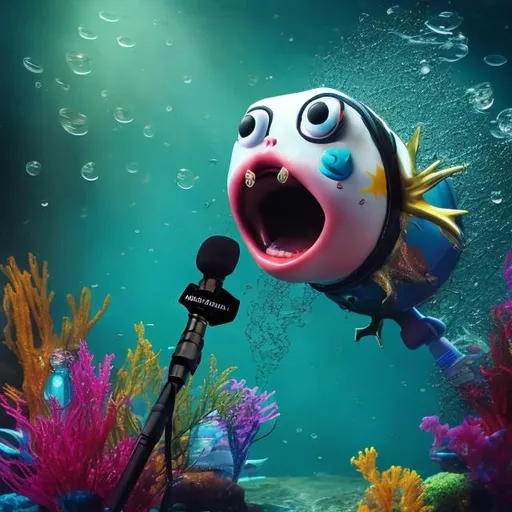 Prompt: Punk rock star, hideous guppy singing under water with a microphone, seaweed, bubbles, black leather 