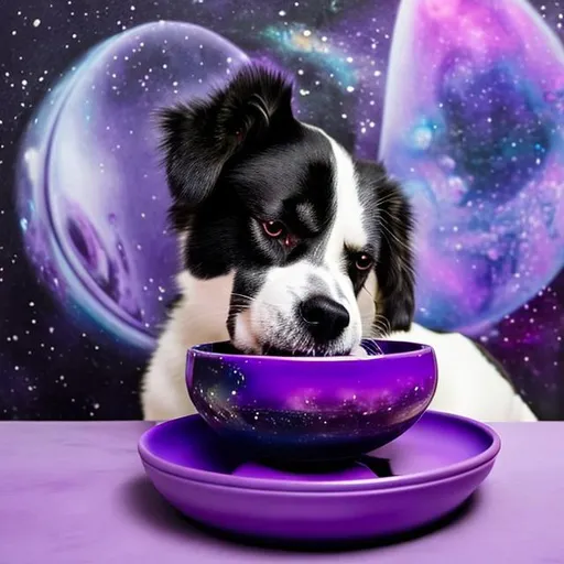 a dog eating food out of a purple bowl with space vibes