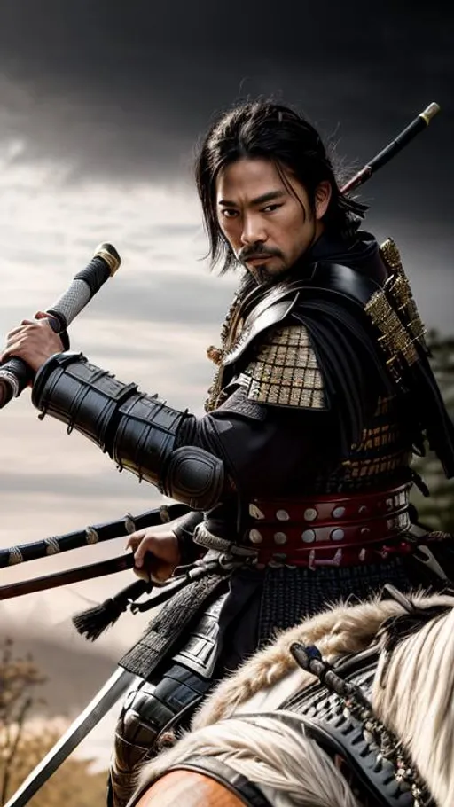 Prompt: Young Hiroyuki Sanada as a Samurai Photorealistic Overdetailed Portrait, Well Detailed face, Black and Gray Robes and Armor, Black hair, Detailed Hands, Detailed Twilight Background, Intricately Detailed, Award Winning, Photograph, Film Quality.