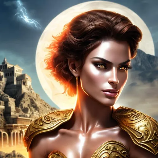 Prompt: HD 4k 3D 8k professional modeling photo hyper realistic beautiful woman ethereal greek goddess of force, strength
short red hair dark eyes gorgeous face olive skin gold shining armor athletic physique tattoos gold headpiece full body surrounded by magical glowing light hd landscape background mount olympus clouds carrying chains and weapons