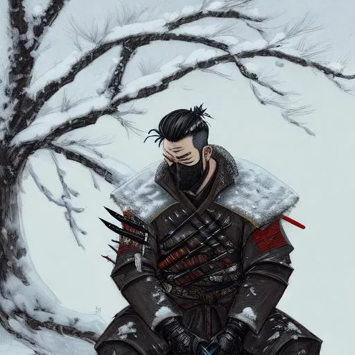 Prompt: A ronin with a knife on his back sat drinking under a snowy tree