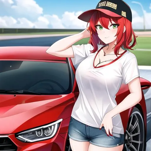 Prompt: Akina 1female (Short red hair, relaxed and sassy green eyes), 8K, Insane detail, best quality, UHD, Highly detailed, insane detail, high quality. Casual outfit, sideways snapback, car shirt, denim shorts, at a racetrack