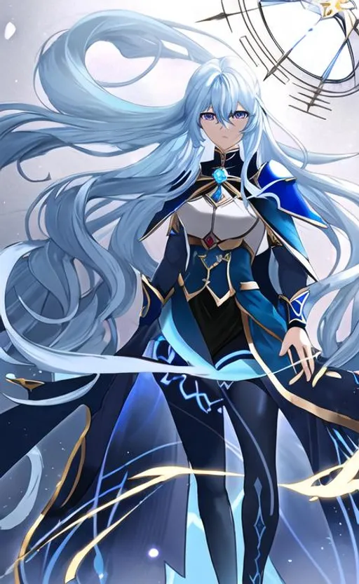 Prompt: light blue hair, long hair, blue rose, gold eyes, black tights, light blue blouse, blue plume, flowing cape, Genshin Impact, Eula Lawrence