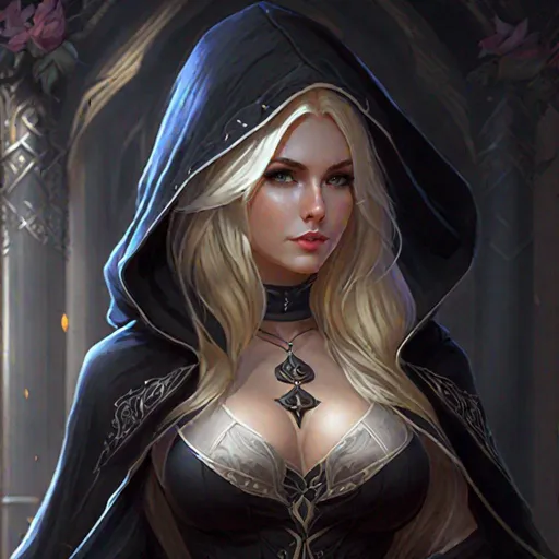 Prompt: Game art, fantasy, Beautiful busty seducer, goth, (crop top:1.5), barely clothed, blond hair, pale skin, hooded cloak, full body
