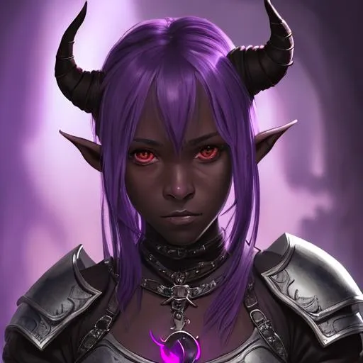 Prompt: Portrait of an adolescent, scared, innocent, beautiful female tiefling with very dark ash skin in tattered leather armor and light purple psionic blades on her hand