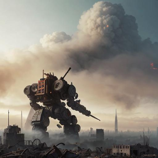 A mech towering over a city of rubble, with fog cove...