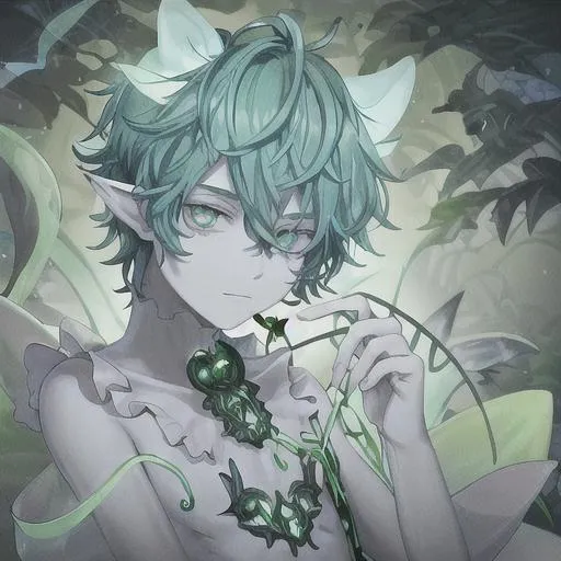 Prompt:  bioluminescent incubus boy with leaf ears 


